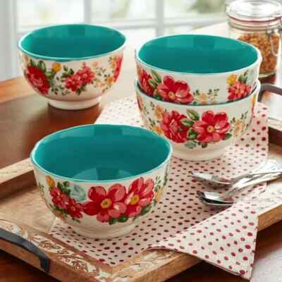 Woman Vintage Floral Teal Stoneware 4-Piece Footed Bowl Set