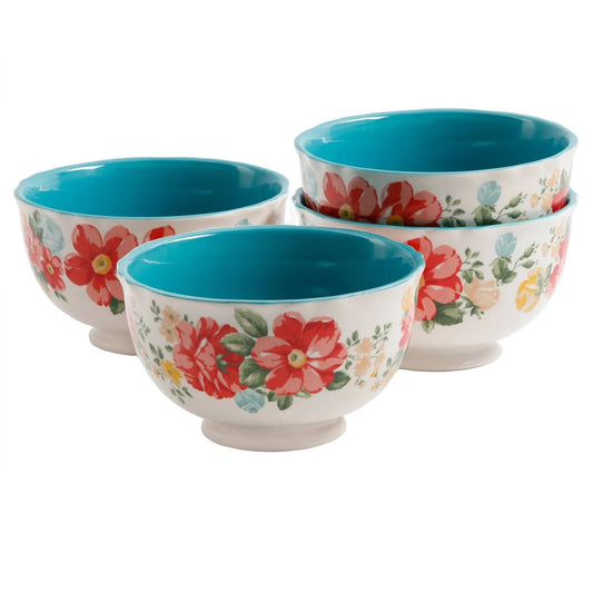 Woman Vintage Floral Teal Stoneware 4-Piece Footed Bowl Set