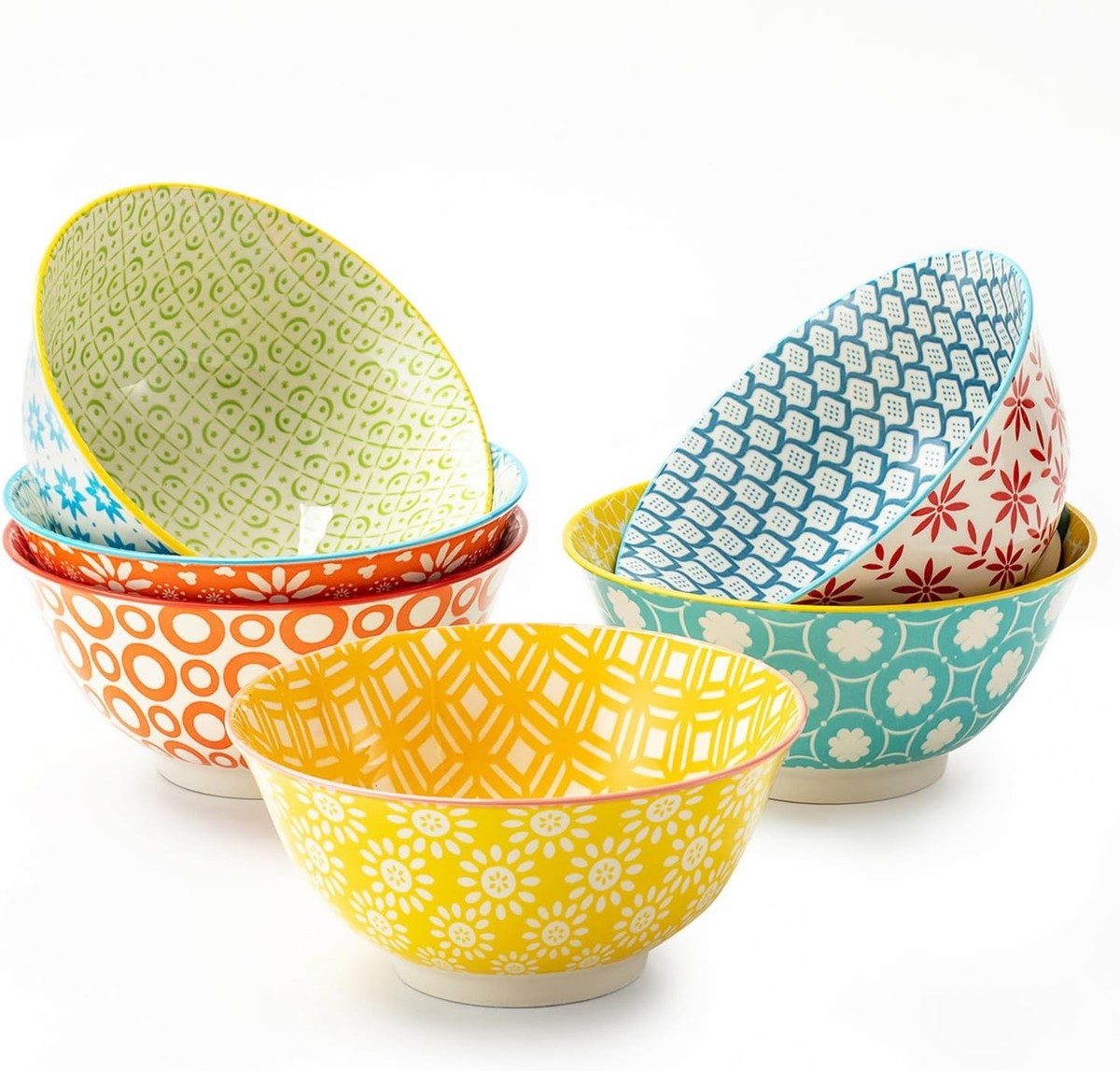 Colorful Large Ceramic Bowls Set of 6, 6 in. Deep Porcelain Cereal Bowls